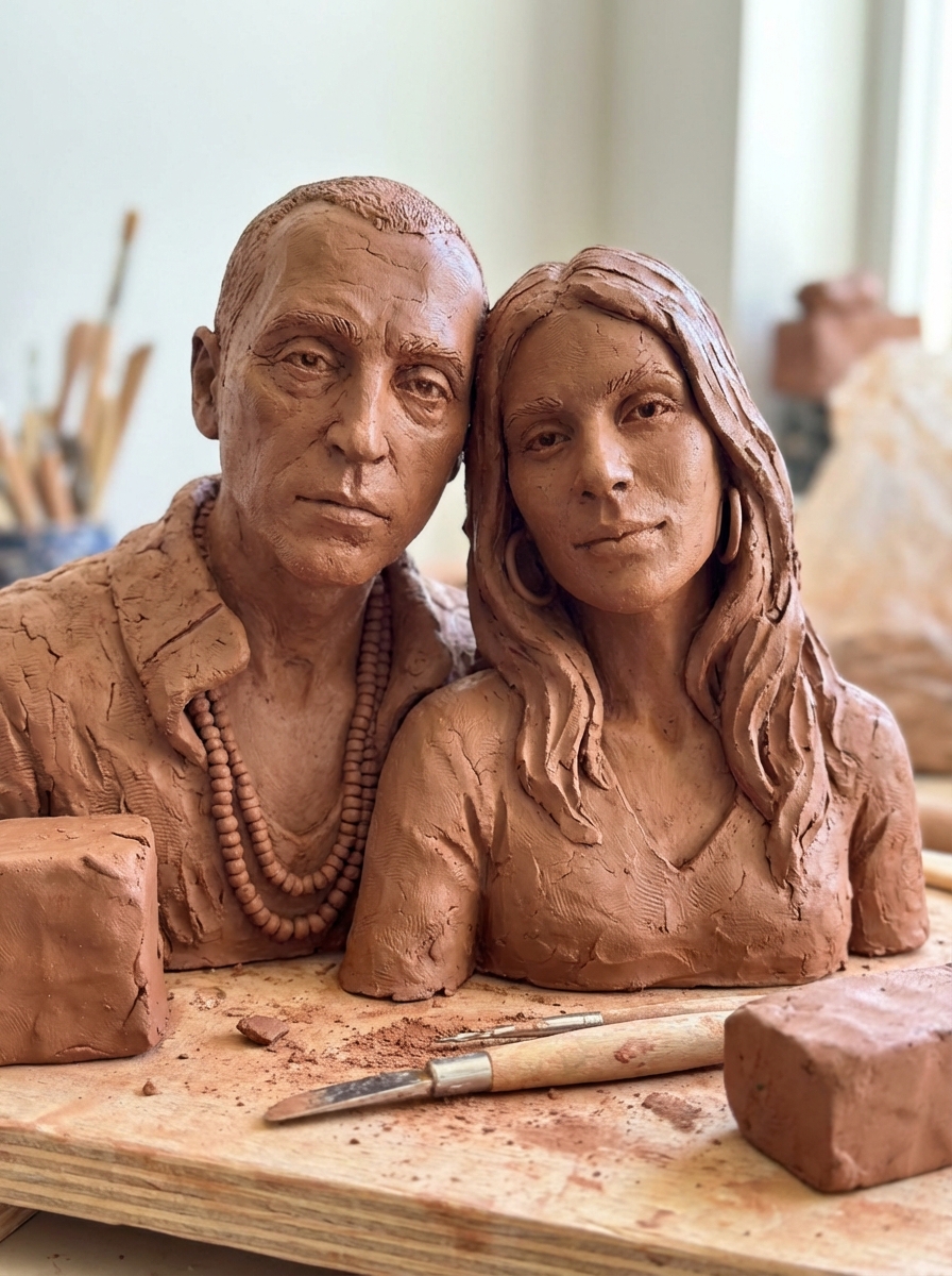 Raw Clay Couple Portrait Sculpture